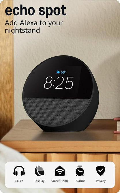 Echo Spot by Amazon - Smart Alarm Clock with Alexa | Ideal for Nightstands & Offices | Ocean Blue