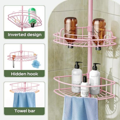 HAMITOR Corner Shower Caddy - 4-Tier Rust-Resistant Bathroom Organizer | Adjustable 47-121 Inch - No-Drill Installation - Space-Saving Pink Shelves