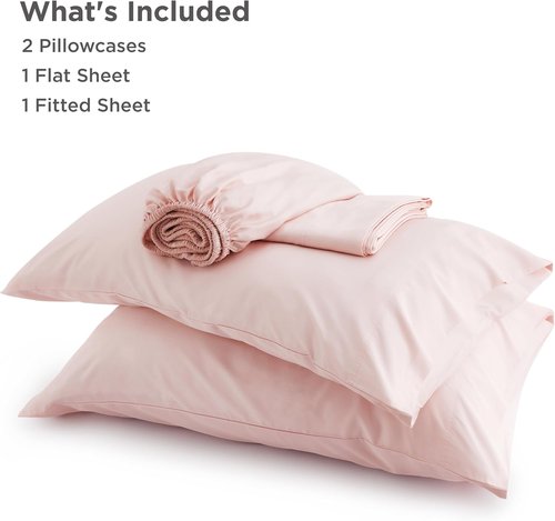Bedsure Queen Sheet Set - Cooling Bamboo Sheets | Breathable & Soft PureWoven Fabric, Deep Pocket Up to 16 Inches, Pink