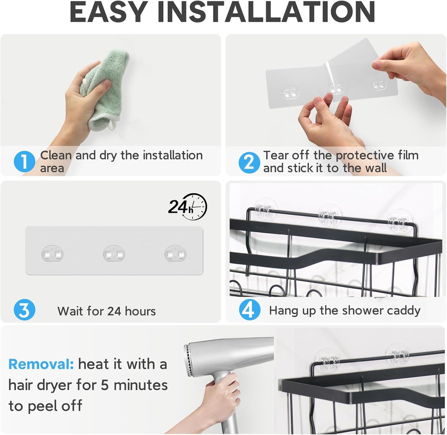 Skiennix Shower Caddy Adhesive Hooks - Strong Waterproof No-Drill Design | 6-Piece Set for Bathroom & Kitchen