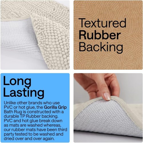 GORILLA GRIP Bath Rug Mat - Thick Soft Absorbent Chenille | Quick Dry Microfiber, 24x17, Ivory