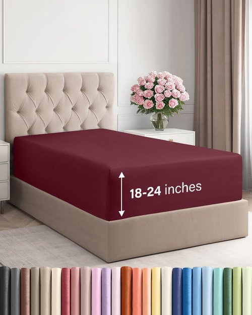 Extra Deep Twin Fitted Sheet - Hotel Luxury Single Fitted Sheet Only - Easily Fits 18 inch to 24 inch Mattress - Ultra Soft, Wrinkle & Fade Free w/Extra Deep Pockets - Breathable & Comfy - Burgundy