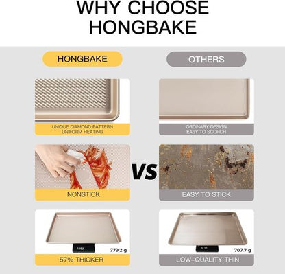 HONGBAKE Quarter Sheet Pans - Nonstick Commercial Cookie Baking Sheets | 57% Thicker Carbon Steel, 9 x 13 Inches