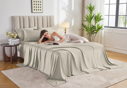 Pure Bamboo King Sheets - Luxuriously Soft & Cooling 100% Organic Viscose Bed Sheet Set | Birch Color, Double Stitching