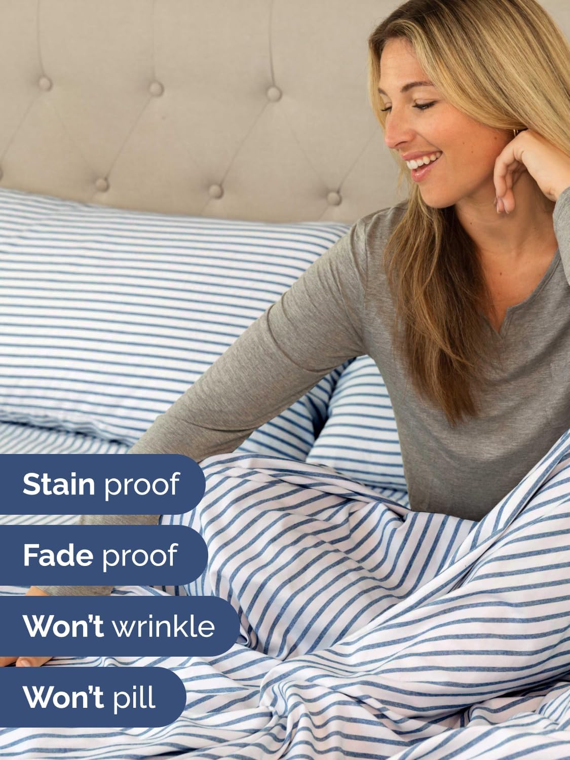 Skiennix Extra Deep Queen Sheet Set - 6 Piece Breathable Cooling Bedding - Soft Wrinkle-Free Blue Stripes