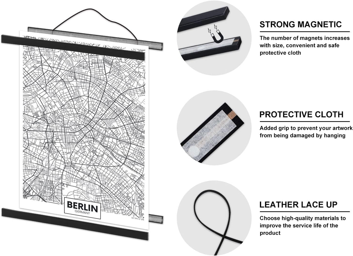 Benjia Magnetic Poster Hanger - Wood Frame for Canvas & Artwork | 37" Black Hanging Kit
