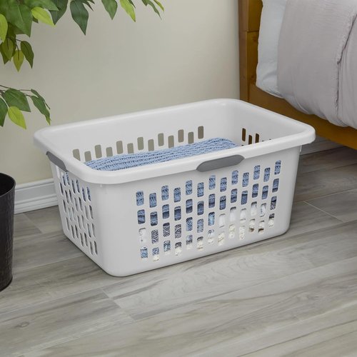 Large Plastic Laundry Basket - 4 Comfort Grip Handles, 2 Bushel Capacity | White
