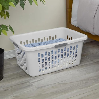 Large Plastic Laundry Basket - 4 Comfort Grip Handles, 2 Bushel Capacity | White