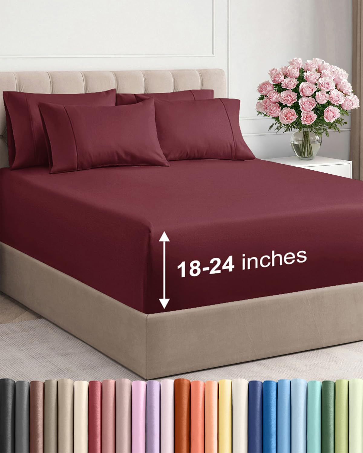 Skiennix Extra Deep King Sheet Set - 6 Piece Breathable Cooling Bedding - Soft, Wrinkle-Free, Burgundy