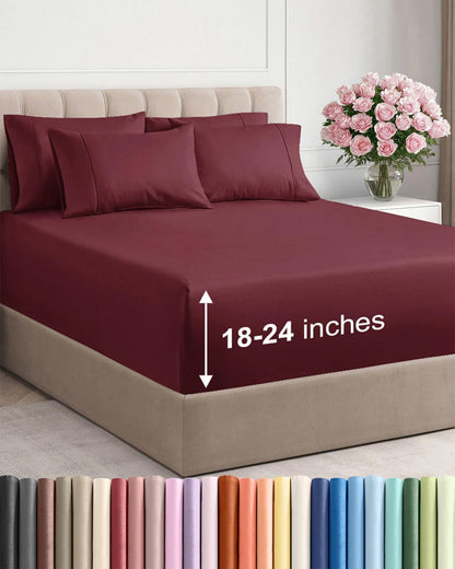 Skiennix Extra Deep Full Sheet Set - 6-Piece Breathable Cooling Bedding - Luxury Hotel Quality - Soft Wrinkle-Free - Burgundy