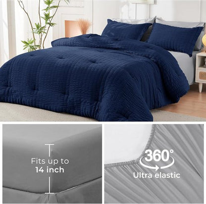 HYMOKEGE Comforter Set - Luxury 7-Piece All-Season Bedding in Navy Blue & Light Grey | Full Size