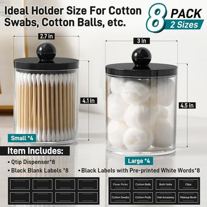 Clear & Black Acrylic Qtip Holder Dispenser | 8 Pack Cotton Swab Storage Canister Set - Bathroom Essentials