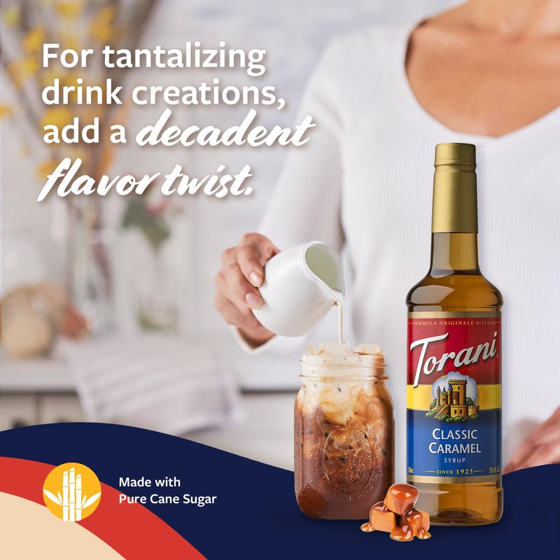 Torani Coffee Syrup, Classic Caramel Flavored Syrup for Drinks, Pump Included, 25.4 Fl Oz