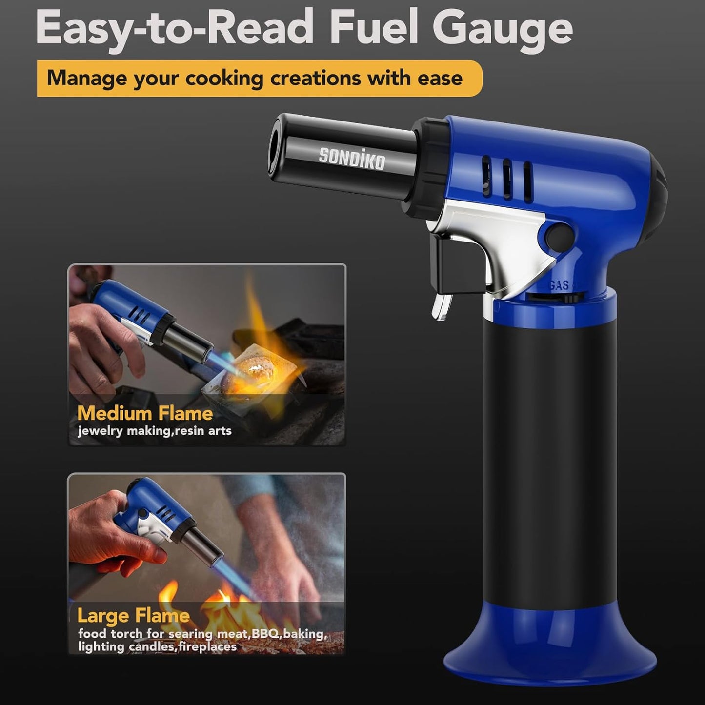 Sondiko Butane Torch - Adjustable Kitchen & BBQ Lighter for Welding | Blue & Black Design