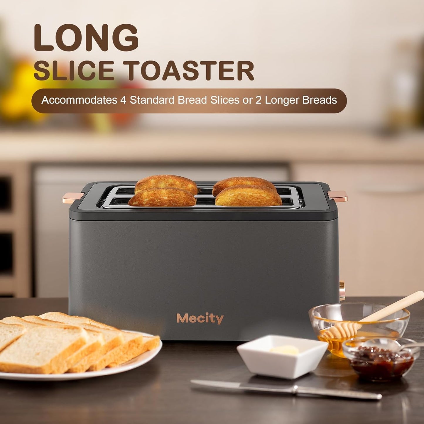 Mecity 4-Slice Long Slot Toaster - Extra Wide Slots, Warming Rack & 6 Browning Settings | Stainless Steel, Grey