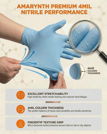 Amarynth Premium Disposable Gloves - 4 Mil Latex-Free, Powder-Free with Textured Fingertips for Lab Work, Kitchen Prep, Cleaning, Tattooing & More - 100 Count