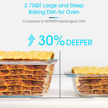 NUTRIUPS Glass Baking Dish - BPA-Free Lids, Square Casserole Pan for Oven & Dishwasher | 2.6L, Blue