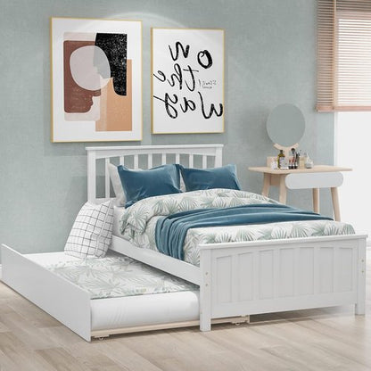 LostCat Twin Size Bed Frame - Solid Pinewood with Trundle & Headboard | No Box Spring Needed, White