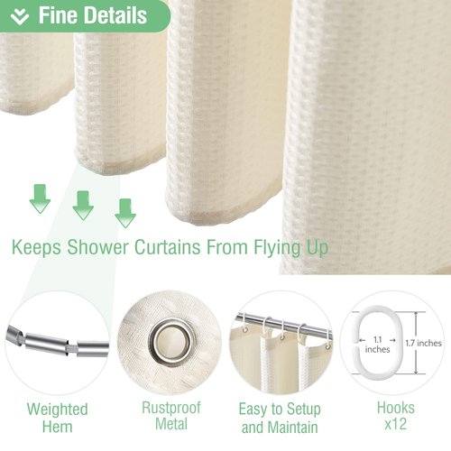 Dynamene Ivory Fabric Shower Curtain - Waffle Textured Heavy Duty Cloth Curtains for Bathroom, 256GSM Hotel Luxury Weighted Polyester Bath Curtain Set with 12 Plastic Hook, 72Wx72H,Cream/Ivory