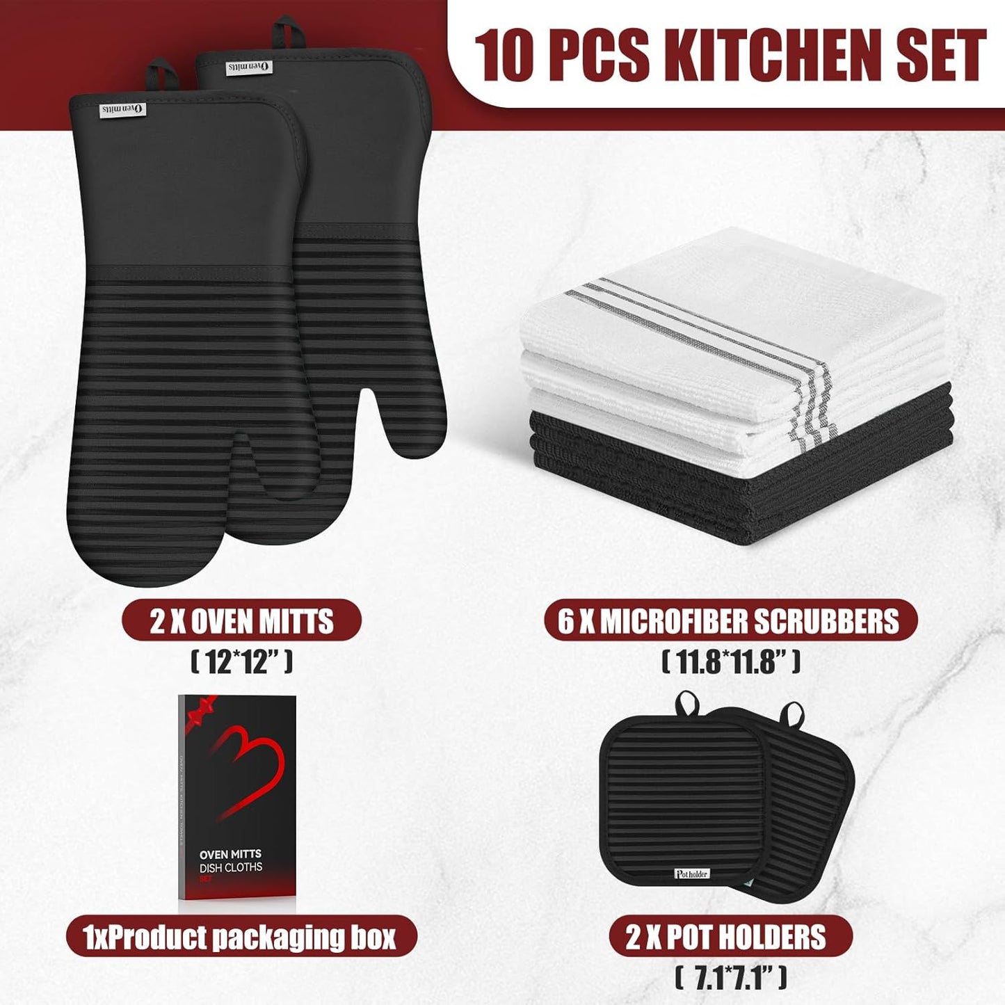 Skiennix Oven Mitts and Pot Holder Set - 500°F Heat Resistant Silicone Grip | 6 Pack Cotton Dish Towels - Black Kitchen Essentials
