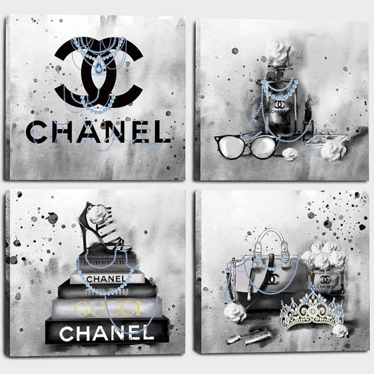 Meetdeceny Bedroom Wall Decor - Black And White Fashion Handbag Art for Teen Girls | Perfume Canvas Prints - 20"x20" - 4 Piece Set