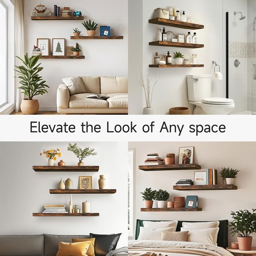 BAYKA Floating Shelves for Wall, 36 inches Wall Mounted Wood Shelves for Bathroom, Bedroom, Living Room, for Storage/Decor with 30lbs Capacity - Rustic Brown,Set of 3