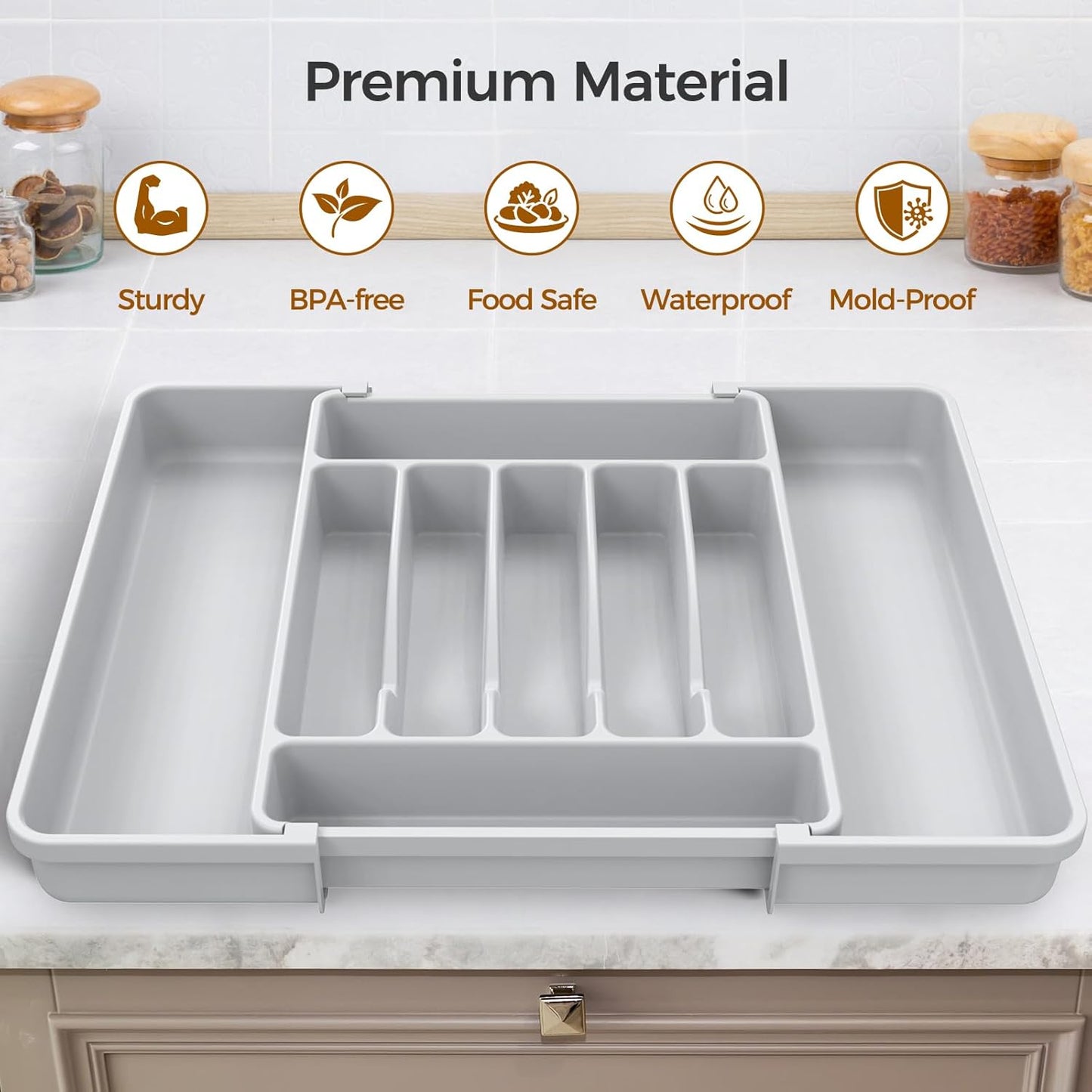 Ukeetap Extra Large Expandable Silverware Organizer - BPA-Free Cutlery Holder for Kitchen Drawers | Gray