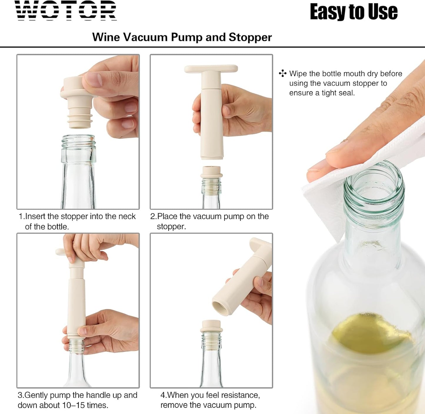 WOTOR Wine Stoppers Vacuum, Wine Saver, Wine Pump Vacuum Stoppers, Wine Preserver, Reusable Bottle Sealer Keeps Wine Fresh (Cream, 24 Pieces)