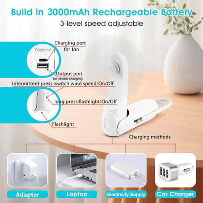 Skiennix Portable Handheld Fan - 6-in-1 Rechargeable Mini Fan with Flashlight & 3 Speeds | White