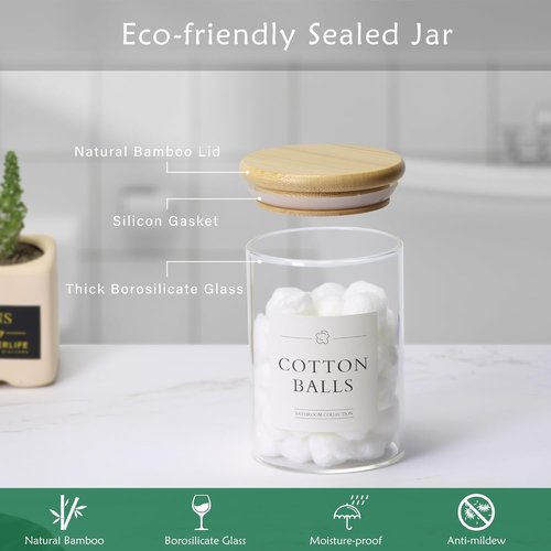 INIUNIK Qtip Holder - 2 Pack Glass Apothecary Jars with Lids for Bathroom Organization | Cotton Ball & Swab Storage