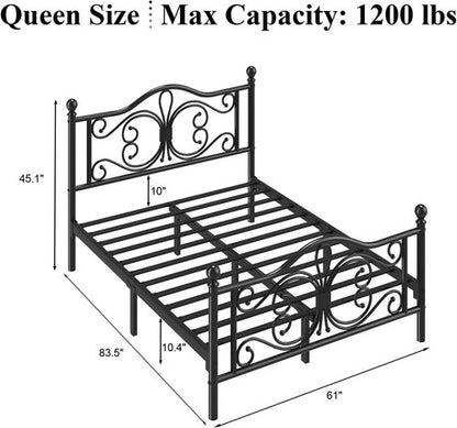 LOEWAY Queen Size Metal Bed Frame - Stylish Butterfly Pattern Headboard, No Box Spring Needed, Easy Assembly, Black
