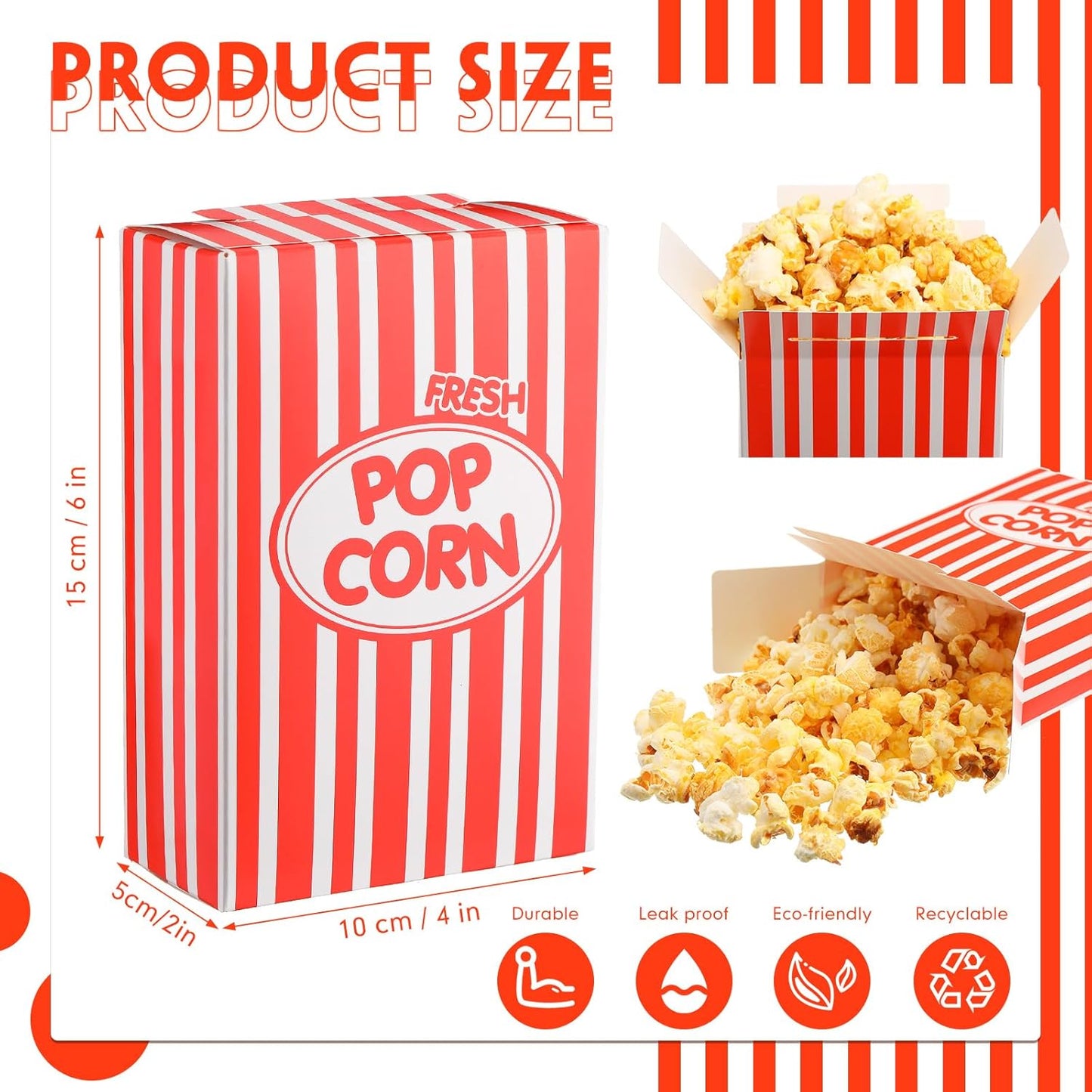 Xinnun 300 Pcs Disposable Popcorn Boxes - Oil Proof, Leak Proof, 1 oz Striped Containers | 6 x 4 x 2 Inch Red for Parties & Movie Nights