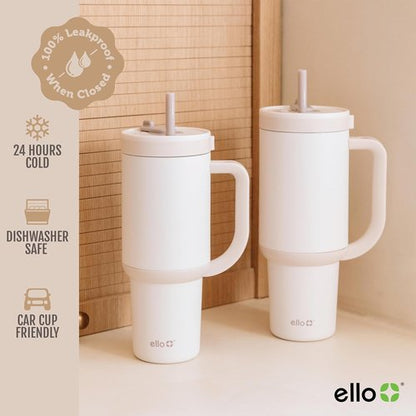 Ello Oasis 24 oz Tumbler - Insulated Stainless Steel Cup with Handle & Straw | 100% Leakproof, Keeps Drinks Cold for 24 Hours, Cream Tonal