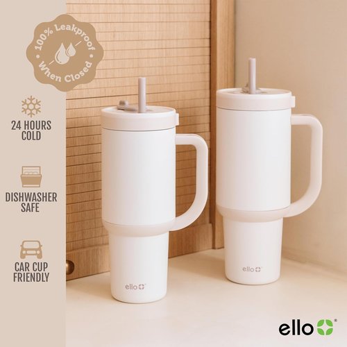 Ello Oasis 40 oz Tumbler - Insulated Stainless Steel Cup with Handle & Straw | 24-Hour Cold Retention, Cream Tonal
