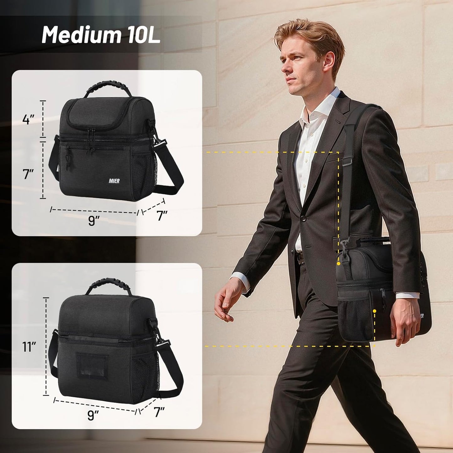 MIER Lunch Bag - Leakproof Insulated Cooler for Men & Women | Medium Dark Grey, 2 Compartments