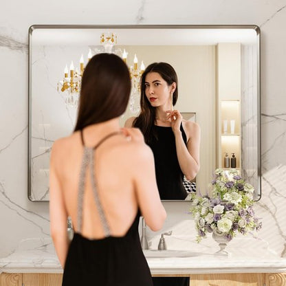 LOAAO Brushed Nickel Bathroom Mirror - 48x36 Inch Rounded Rectangle, Anti-Rust & Shatterproof Design