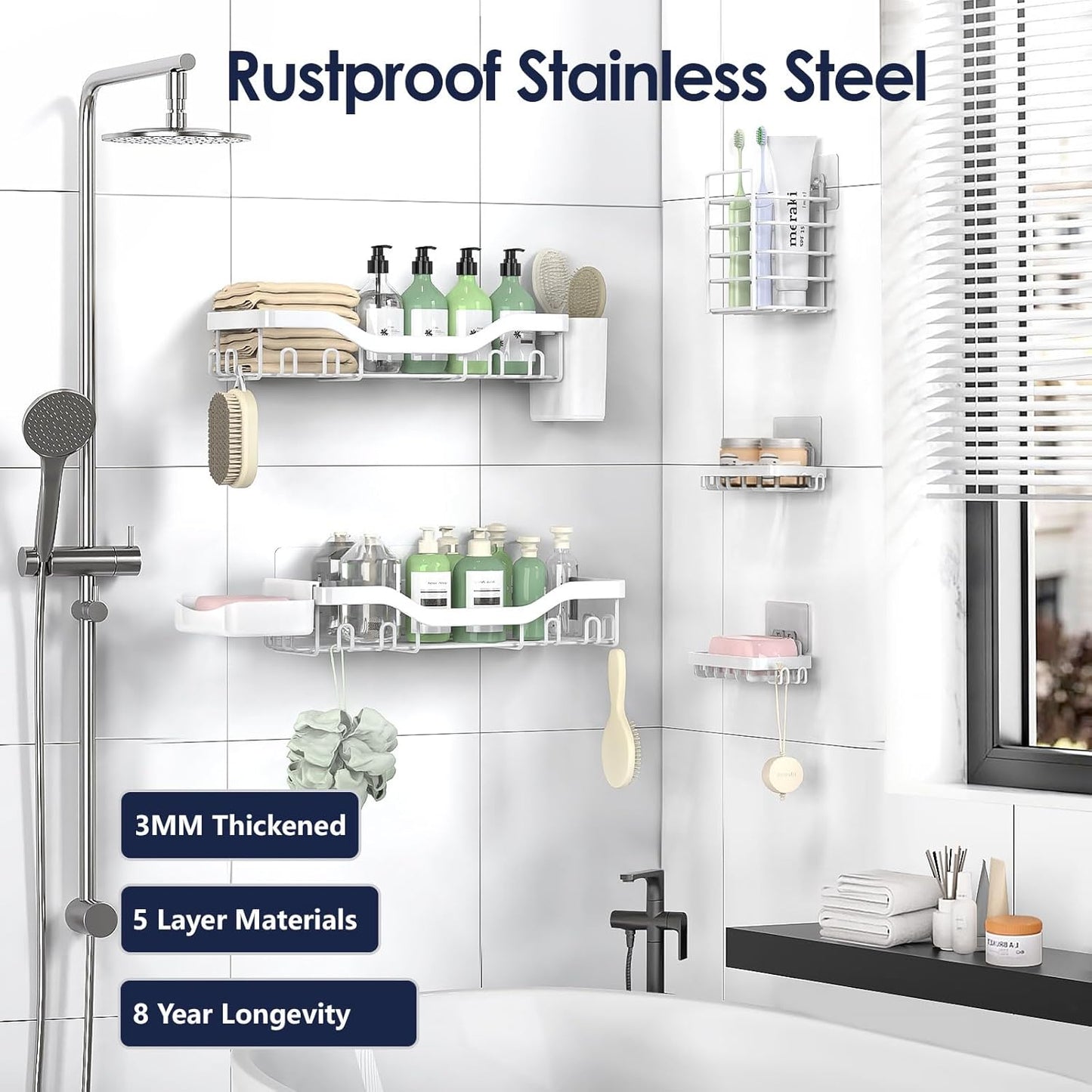 NESOMI Shower Caddy - Rustproof Stainless Steel Organizer with Large Capacity | 7-Pack No-Drill Rack