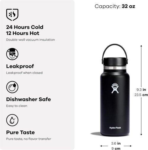Hydro Flask Water Bottle - Insulated Stainless Steel - Wide Mouth Flex Lid, Non Spill, Leakproof and Refillable in 32 Oz