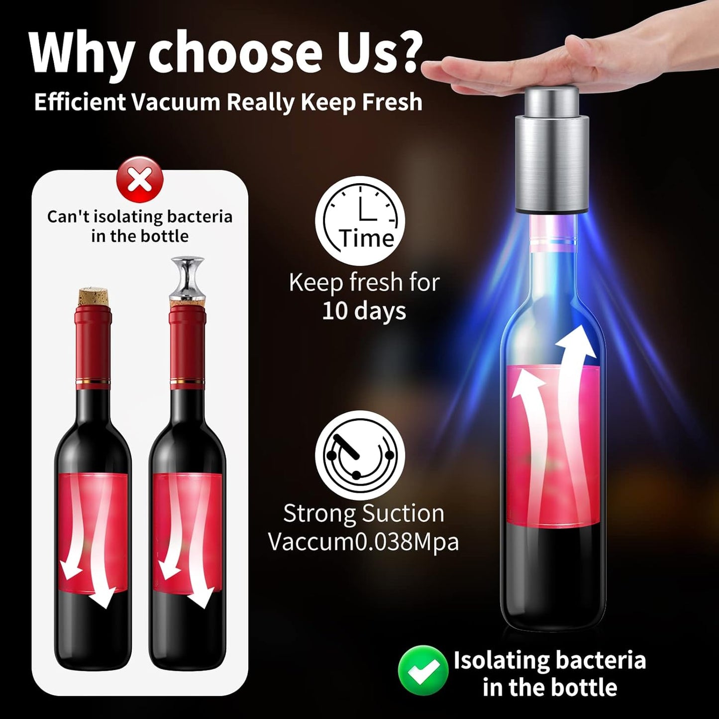 [2 PACK]Wine Bottle Stoppers，2-in-1 Vacuum Wine Stopper，1 Stainless Steel (Silver) and 1 ABS(Black) Wine Savers, Reusable Wine Preserver, Vacuum Pump Corks Keep Wine Fresh, Best Gift Accessories.