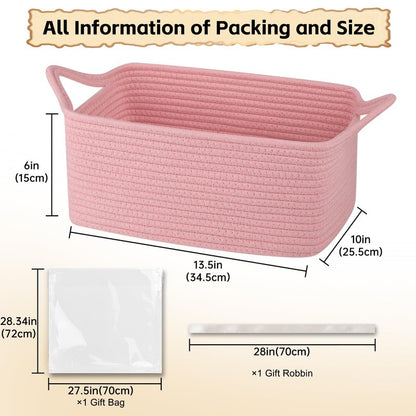 OIAHOMY Woven Basket, Gift Basket Empty with Gift Bags and Ribbons, Rope Baskets for Baby Showers, Storage Baskets with Handles for Nursery, Pet Toy Organizer - Pink