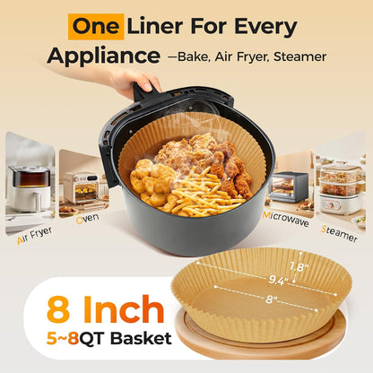 Unbleached Parchment Paper Liners - 250 Pcs 8" Round Disposable Air Fryer Liners | Non-Stick & Leakproof