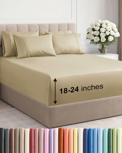 Extra Deep Cal King Sheet Set - 6 Piece Breathable and Cooling Sheets - Hotel Luxury Bedding for Women, Men, Kids & Teens - Easy Secure Fit - Soft, Wrinkle Free and Comfy - Extra Deep Pockets - Beige