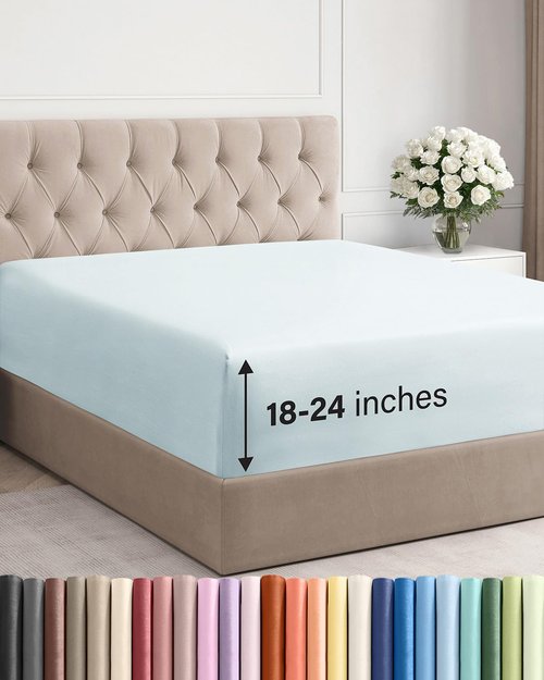Extra Deep Queen Fitted Sheet - Hotel Luxury Single Fitted Sheet Only - Easily Fits 18 inch to 24 inch Mattress - Ultra Soft, Wrinkle & Fade Free w/Extra Deep Pockets - Breathable & Comfy - Ice Blue