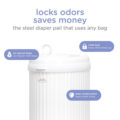 Ubbi Fluted Stainless Steel Diaper Pail - Odor Locking Design | No Special Bags Required, White