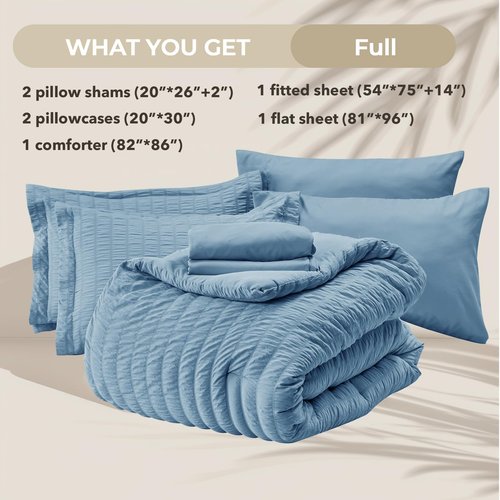 HYMOKEGE Mineral Blue Full Size Comforter Sets Seersucker 7 Pieces, All Season Luxury Bed in a Bag for Bedroom, Bedding Set with Comforter, Sheets, Pillowcases & Shams