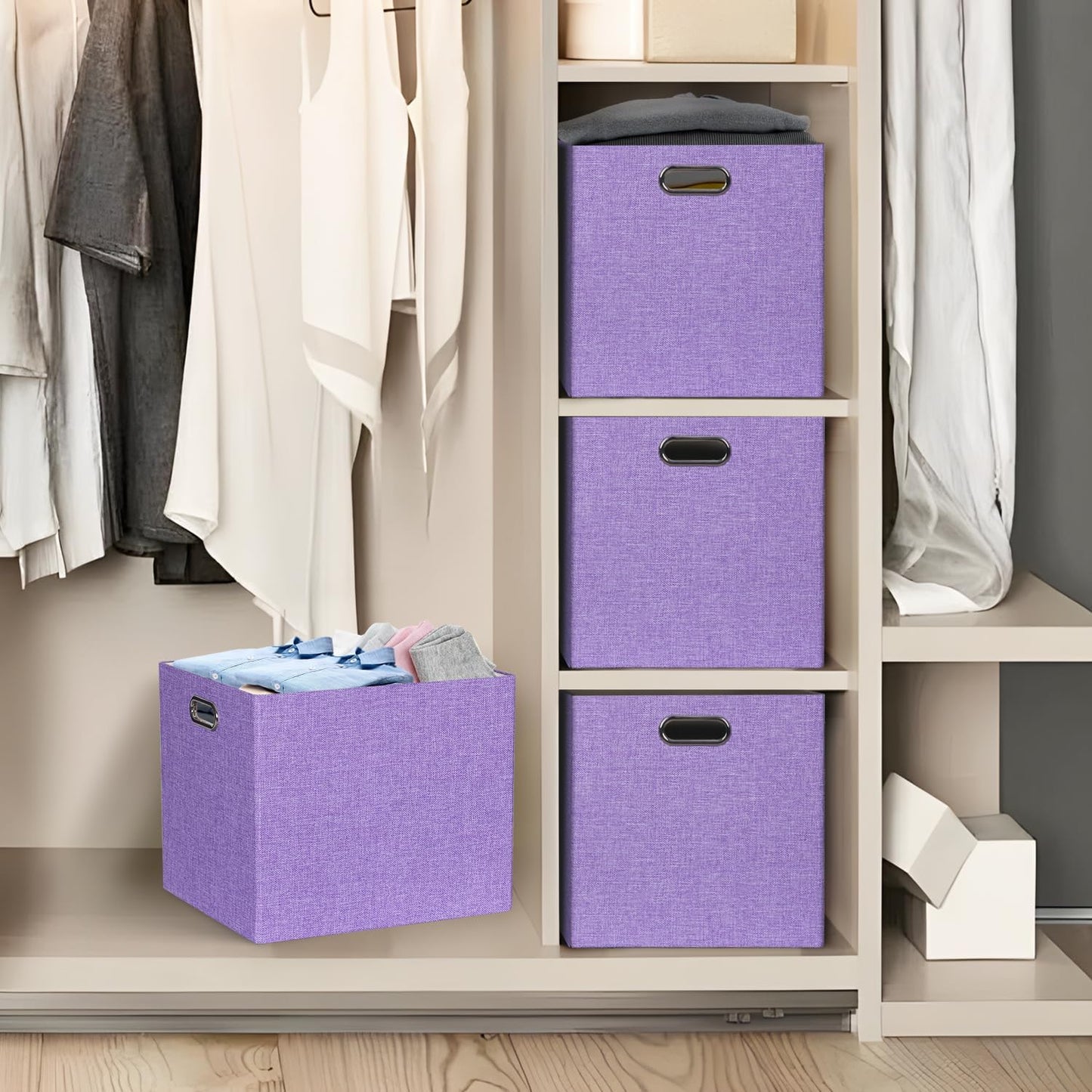 Skiennix Storage Cube Bins - Foldable Fabric Organizer Baskets | 4-Pack Decorative Storage Boxes in Purple