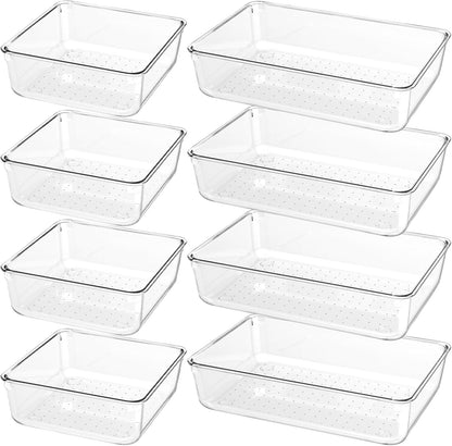 Skiennix 8 PCS Clear Plastic Drawer Organizer Tray - Versatile Acrylic Bins for Makeup, Office & Kitchen