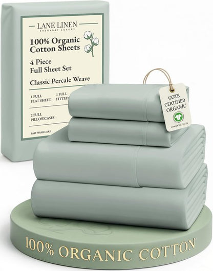 LANE LINEN 100% Organic Cotton Full Sheets Set, Soft & Comfy Percale Weave Fully Elasticized Reinforced Seams Sustainably Produced Oeko Tex Certified Deep Pocket Cotton Full Size Sheet - Cool Blue