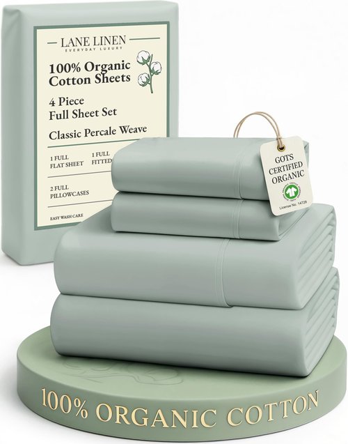 LANE LINEN 100% Organic Cotton Full Sheets Set, Soft & Comfy Percale Weave Fully Elasticized Reinforced Seams Sustainably Produced Oeko Tex Certified Deep Pocket Cotton Full Size Sheet - Cool Blue