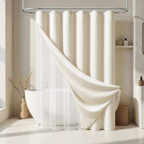 Dynamene Ivory Shower Curtain and Liner Set, Waffle Weave Fabric, Waterproof Clear Liner, 256GSM Heavy Duty Weighted Hotel Luxury Cloth Shower Curtains for Bathroom with 12 Plastic Hooks, 72Wx72H